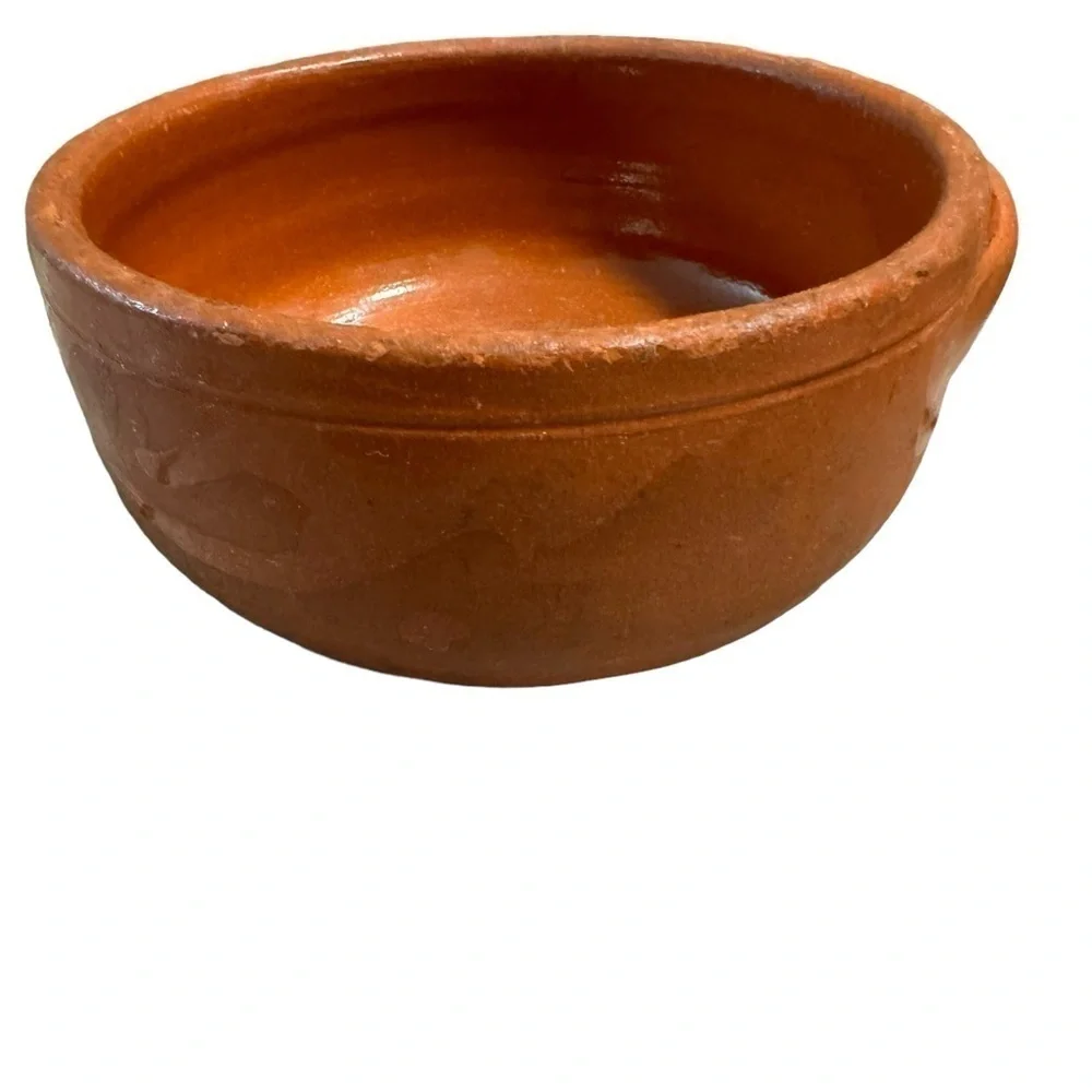 Terracotta Clay Bowl with Handles for Cook Mexican Partially Glazed Signed